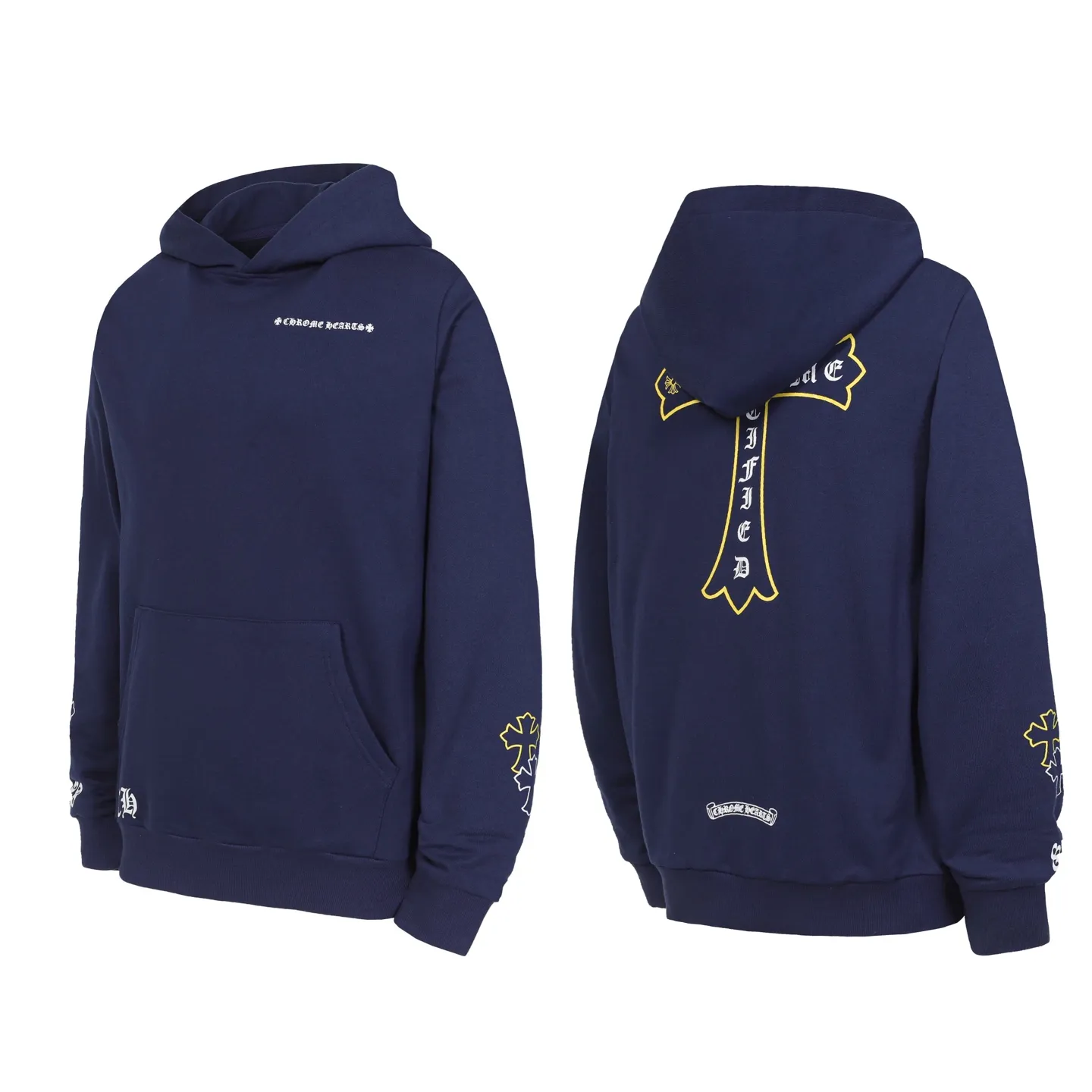 P240 L3191 Cross-border running quantity model, please do not place an order if you pursue quality - Chrome Hearts/Chrome Heart Cross ✝️Sanskrit printed hooded sweatshirt - High weight, high density and high quality, soft, delicate and skin-friendly wool, soft and silky to the touch, excellent warmth and skin-friendly properties - Custom-woven and custom-dyed, no color difference, no matter the fabric or workmanship details, beat the ordinary version on the market - Hardware zipper accessories are all customized, full of details -Colour: Dark blue -Size: S M L XL